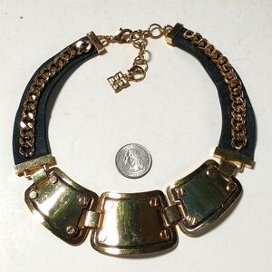 Gold and black leather collar necklace 19"